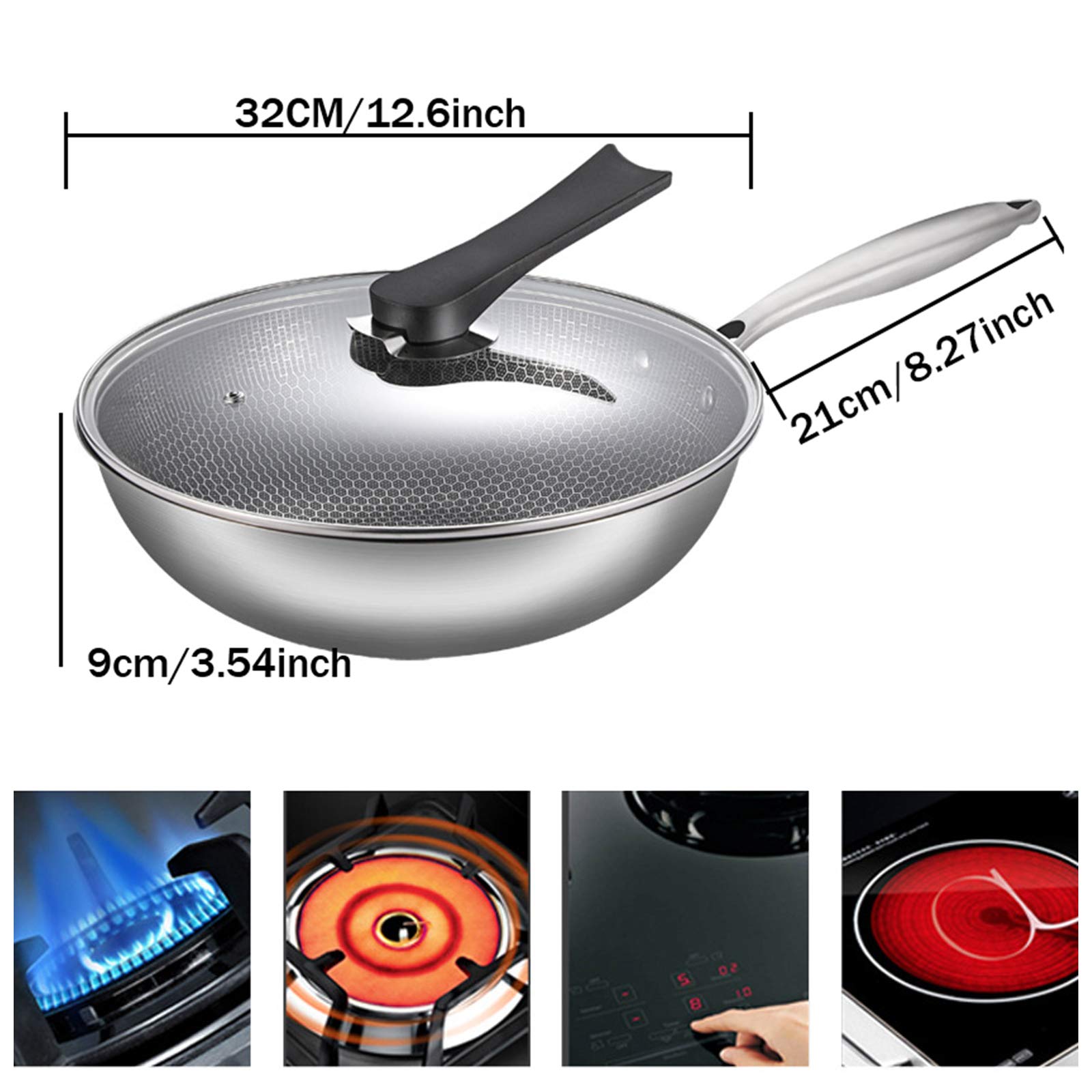 Wok Antiadherente de Acero Inoxidable con Forma de Panal y Tapa de Vidrio Vertical para Gas, Electricidad e inducción, Resistente a rayones, 32 cm