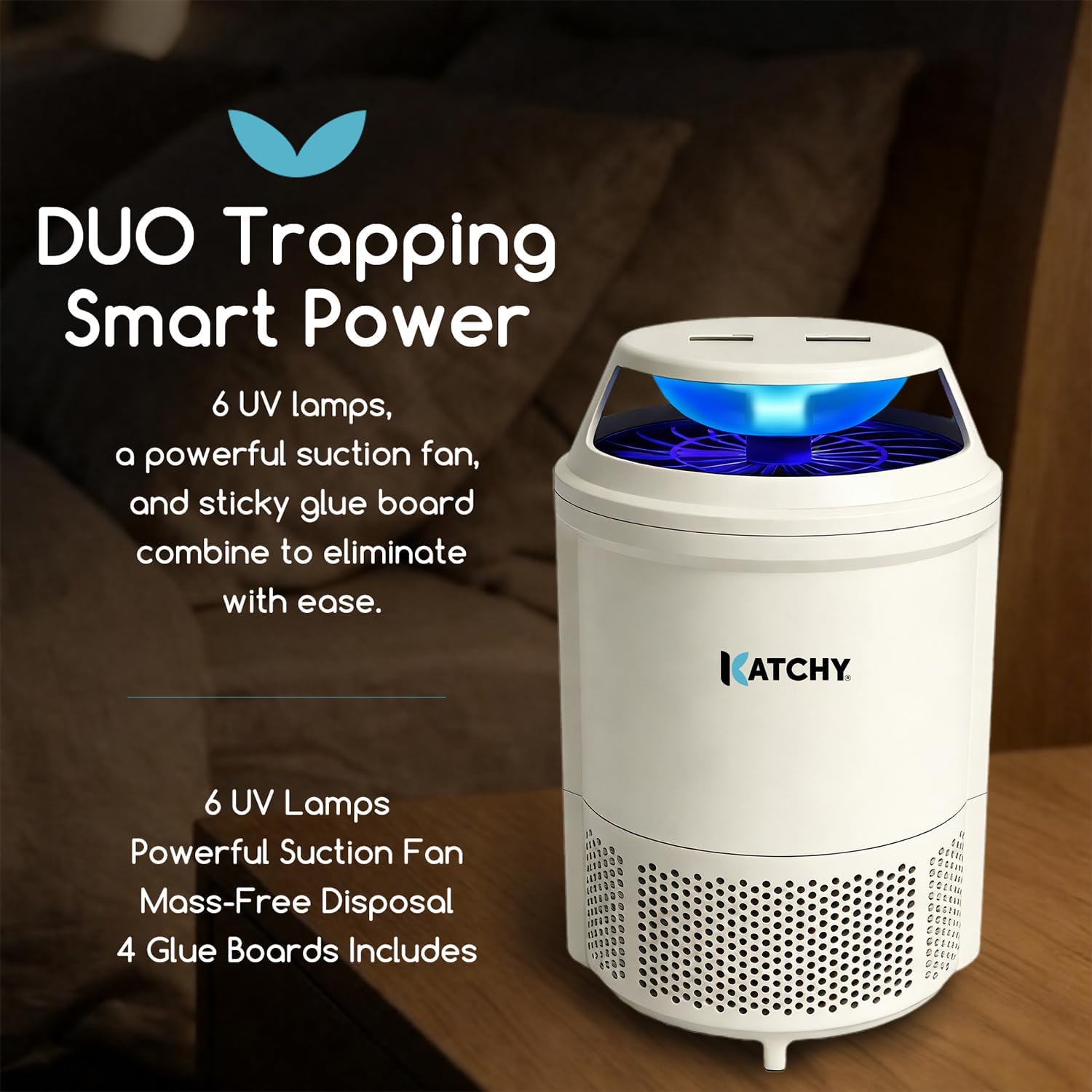 Katchy Indoor Flying Insect Trap – Catcher & Killer for Mosquitoes, Fruit Flies, Gnats & Moths – Non-Zapper with Suction & Blue Light – Ideal for Indoor Spaces, Kitchens & Plants (Original, White)