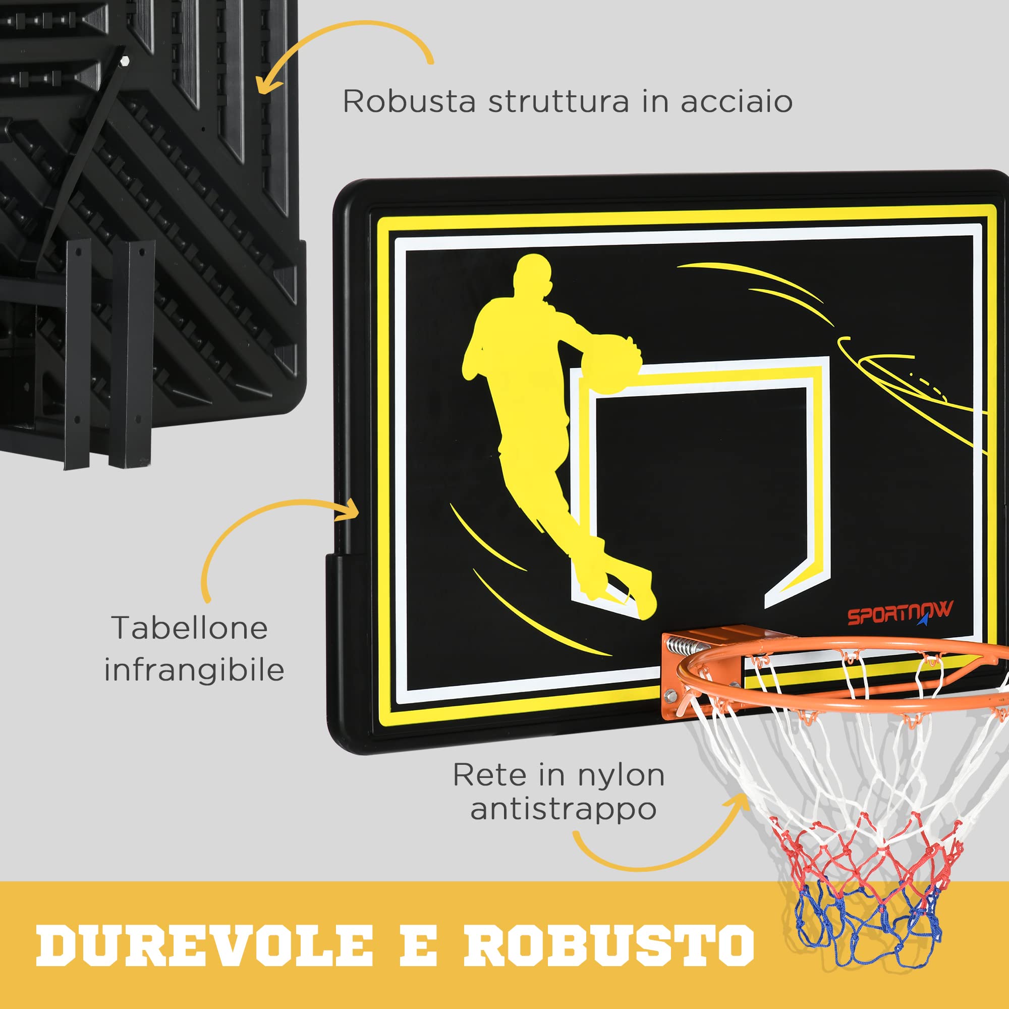 SPORTNOW Canestro Basket per Bambini e Adulti da Indoor e Outdoor in Acciaio e PE, 110 x 90 x 70 cm, Nero e Giallo