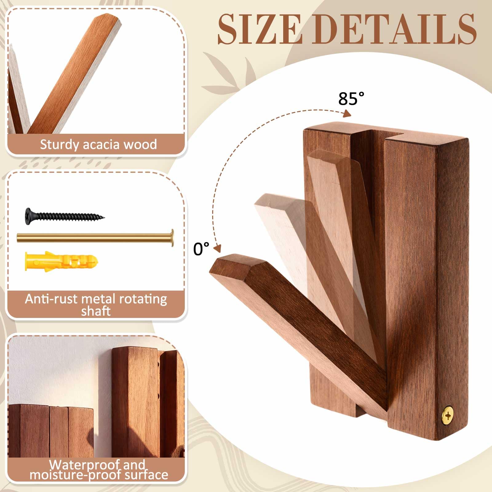 Jetec 4 Gancio Appendiabiti 14 x 8 x 2,5 cm Limite di Peso 22 Libbre Pieghevole Ribaltabili Singolo Legno Ganci Appendiabiti in Legno da Parete per Cappotto Giacche Cappotti Sciarpe Borse