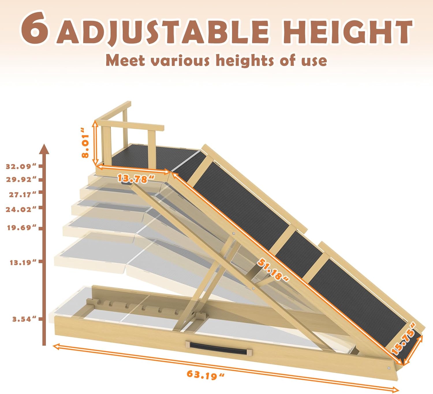 65" Foldable Dog Ramp for Bed, 6 Level（13"-32"）Birchwood Heavy Duty Adjustable Dog Ramp for Car Pet Ramp with EVA Non-Slip Surface, Rest Platform & Glow Strips for Large Dogs up to 200Lbs (Wood Color)