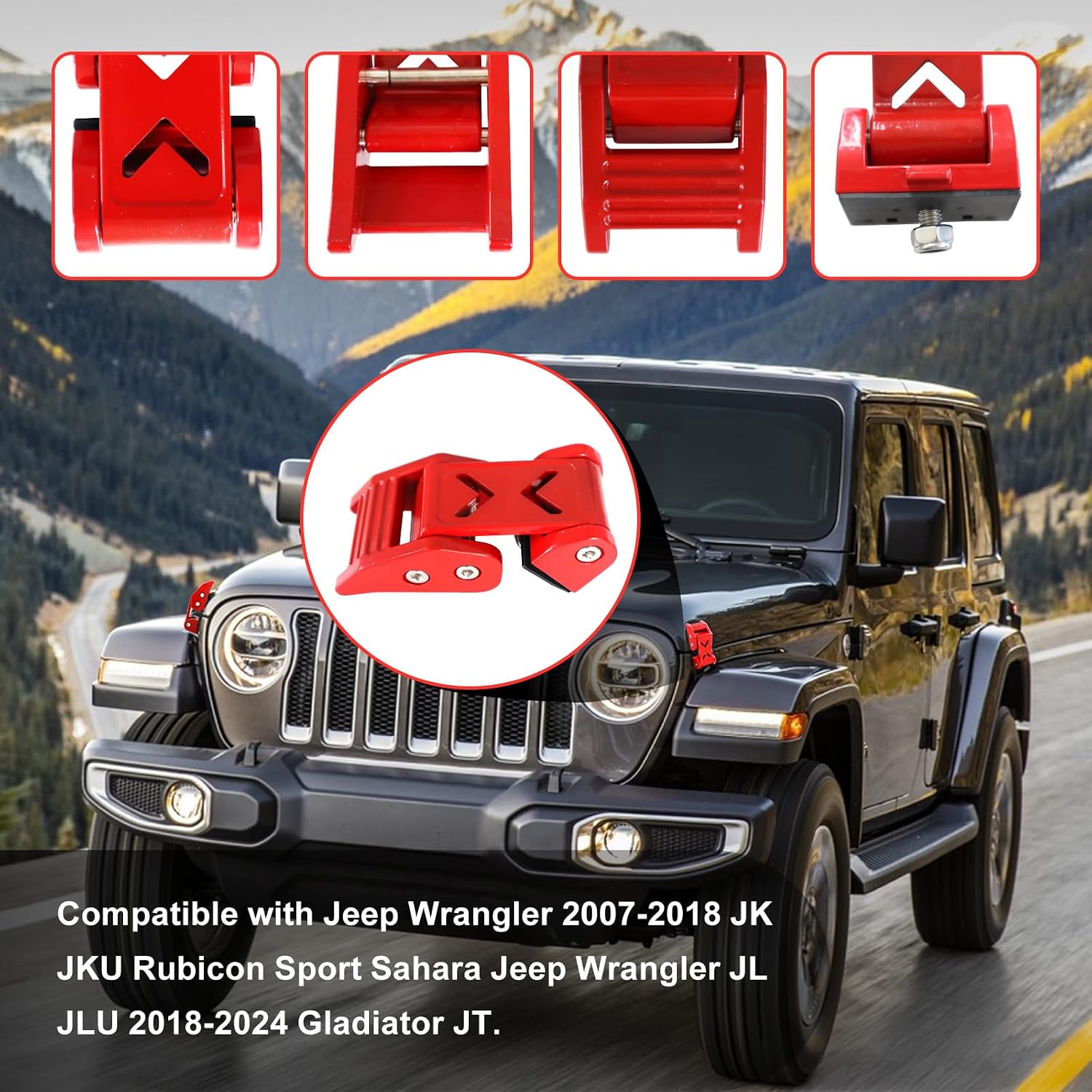 Hood Latches Hood Latch Catch Kit Compatible with Jeep Wrangler 2007-2018 JK JKU Rubicon Sport Sahara Jeep Wrangler JL JLU 2018-2024 Gladiator JT (Red)