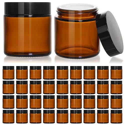 KEYWING 4oz Small Glass Jars with Black Lids, 36 Pack Amber Empty Cosmetic Containers Round Glass Jar with Inner Liners for Creams, Lotions, Ointments and Powders - Amber - 4oz-36Pack