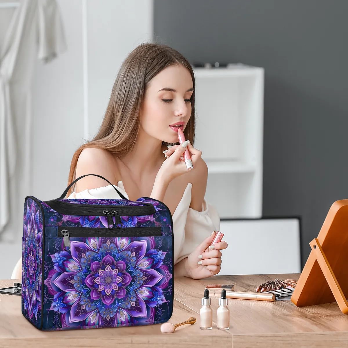 cfpolar Purple Ethnic Mandala Toiletry Bag for Women, Hanging Travel Toiletry Bag, Water-resistant Cosmetic Makeup Organizer for Toiletries and Cosmetics, Bathroom Shower Bag with Handle and Hook