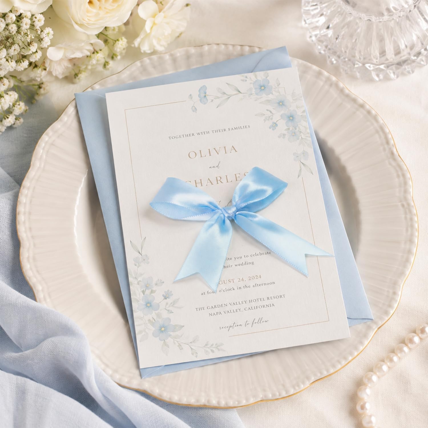 Baby Blue Bows 100Pcs 3.5Inch Pre-Tied Satin Bows Ribbon with Adhesive Dots image 3