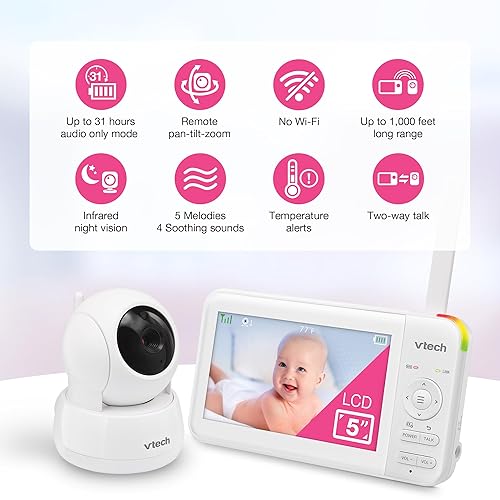 Miniatura 2 de VTech Monitor de video para bebés con pantalla LCD de 5 pulgadas, video de hasta 17 horas y batería de audio de 31 horas, visión nocturna, rango de
