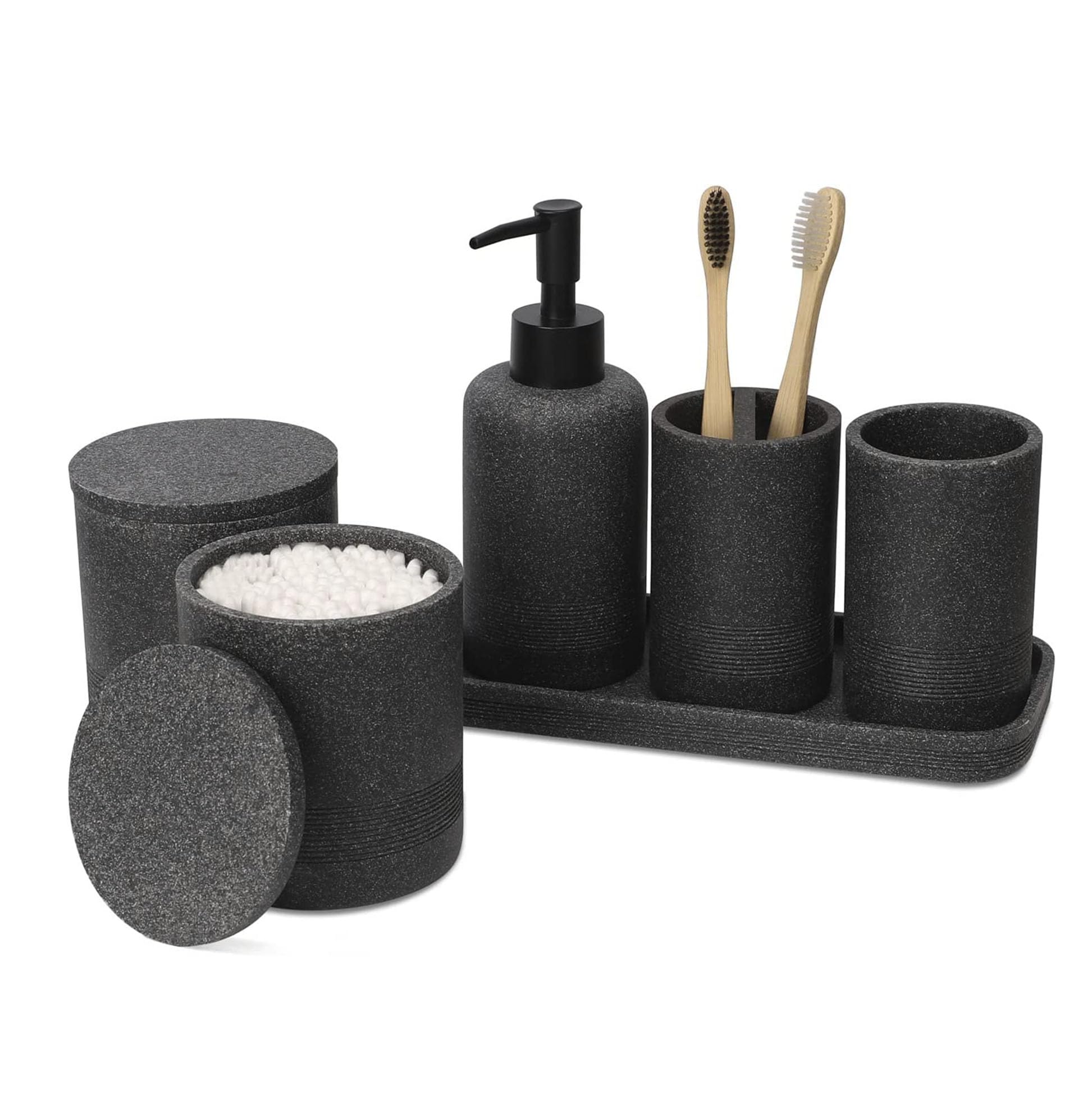 ZCCZ Juego de 6 Accesorios de baño Negro con Dispensador de jabón, 2 Soportes para hisopos, Soporte para Cepillo de Dientes, Vaso de baño y Bandeja de tocador, Organizador Decorativo para encimera