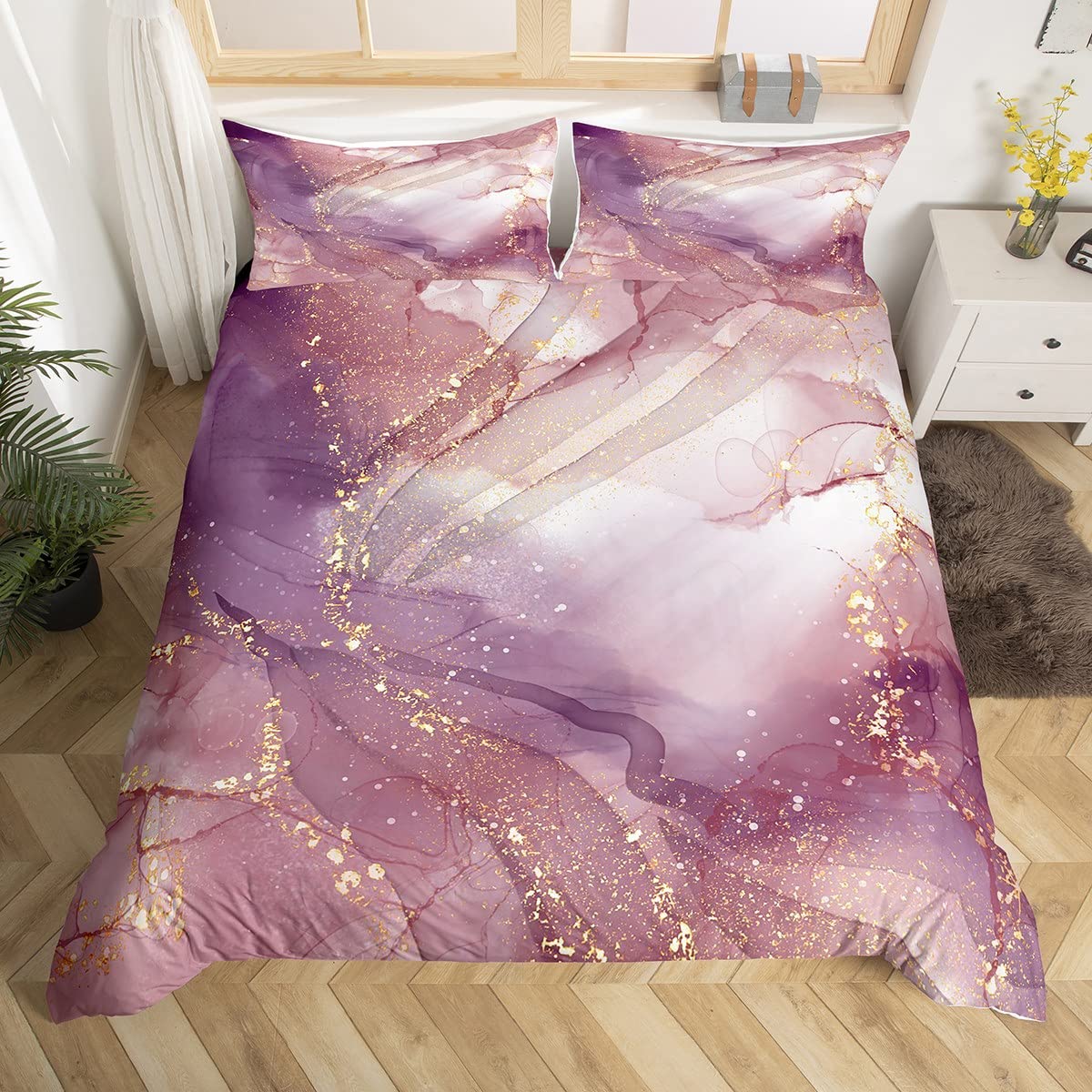 Manfei Girls Multi 15 Purple Marble Duvet Cover Set Double Size, Watercolor Marbling Bedding Set 3Pcs For Kids Room Decor, Abstract Stone Texture Comforter Cover Soft Polyester Quilt Cover With 2 Pillowcases