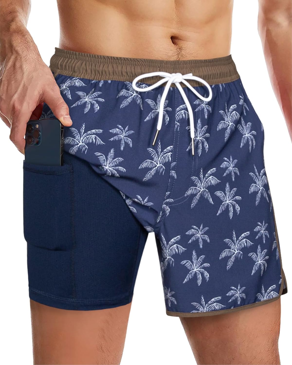 SURF CUZ Mens Swim Trunks with Compression Liner 5" Swimming Trunks 5 Inch Retro Swim Shorts with Zipper Pockets - Image 2