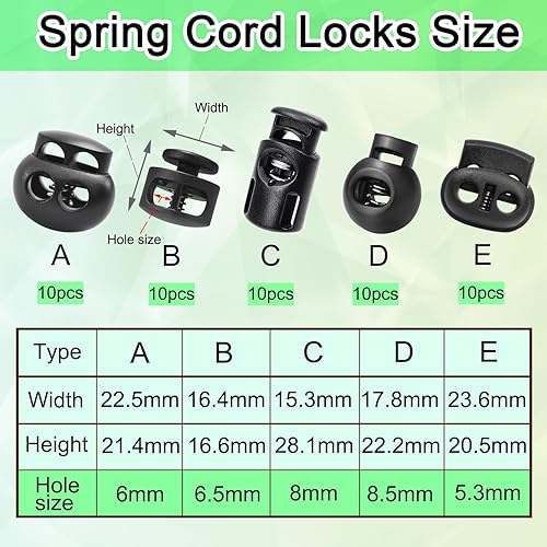 Vista 20 de Paquete de 10 cierres de cordón de resorte elástico, tapón deslizante de palanca de plástico para clip de cuerda de paracaídas, cordón elástico