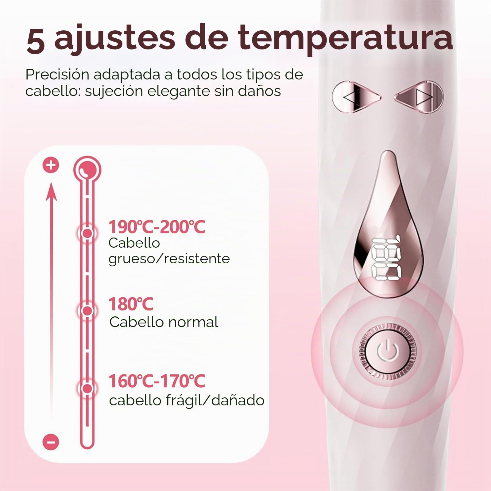 Rizador de Pelo Automático 3 en 1 Rosa - Recubrimiento de Cerámica Hielo, Calentamiento Rápido 30s, 5 Temperaturas (160°C-200°C), Apagado Automático 40min, Alerta Sonora, color rosa