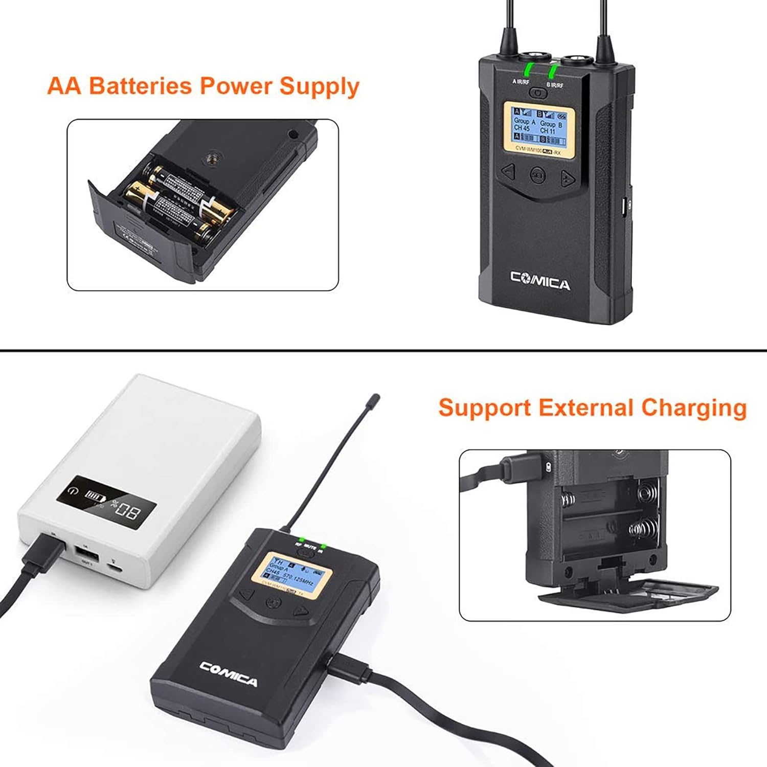 Comica CVM-WM100PLUS - Wireless Microphone System for Cameras, Camcorders, Smartphones, Laptops, Professional UHF Wireless Lavalier Lapel Microphone with Dual-Channel Recording, AA Batteries : Musical Instruments