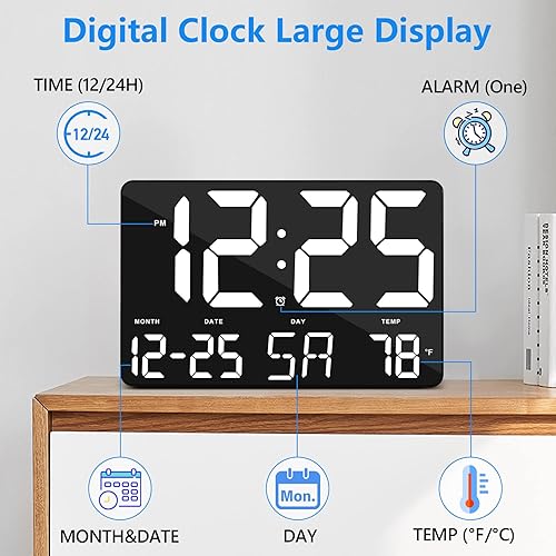 Miniatura 5 de Reloj digital, reloj de pared digital con pantalla LED grande de 11.5 pulgadas, brillo ajustable, con día y fecha, temperatura interior, repetición,