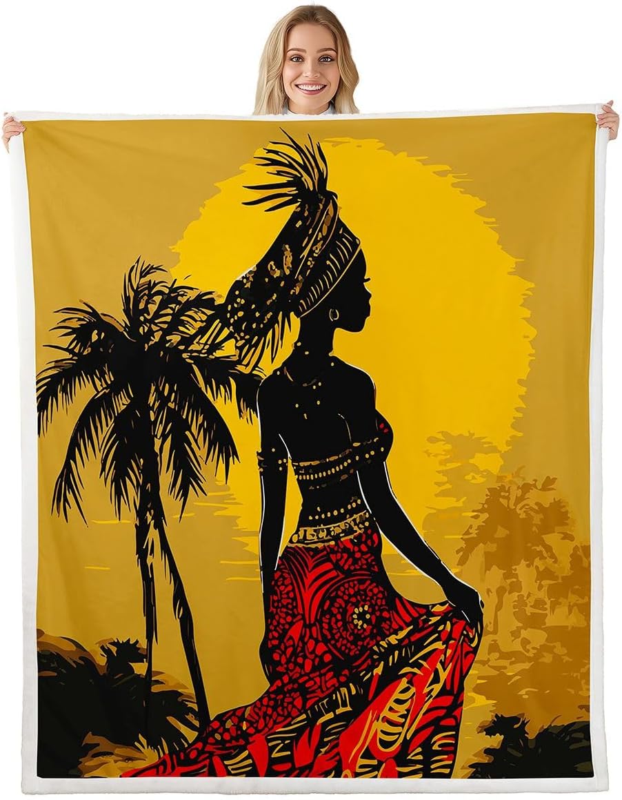 Feelyou African Woman Themed Fleece Blanket African Pattern Warm Plush Blanket for Sofa Couch Women Palm Tree Print Sherpa Throw Blanket Ethnic Afro Style Fuzzy Blanket Bedroom Decor Throw 50"x60"