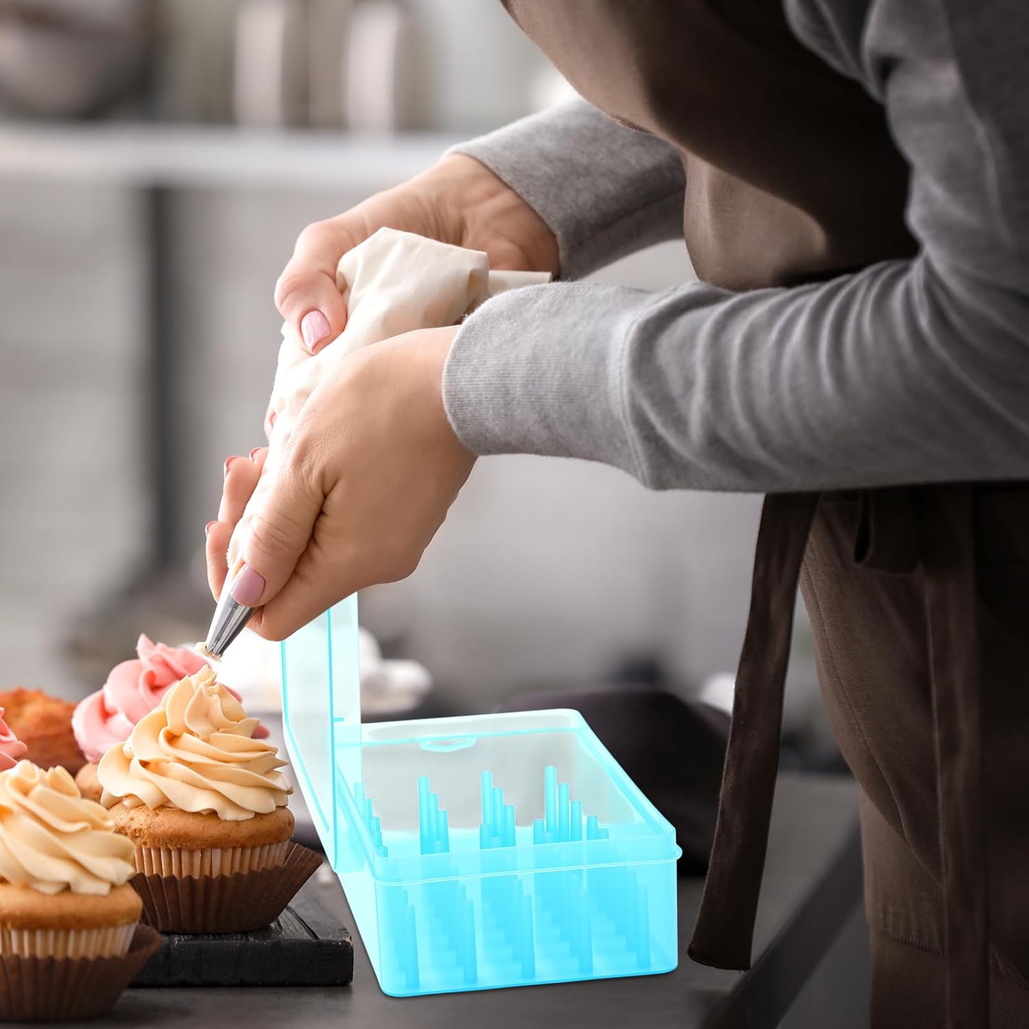 2 Pcs Piping Tip Box with Fixed Pins 84 Piping Tip Organizer Baking Cake Decoration Tool Storage Box (Blue) image 4