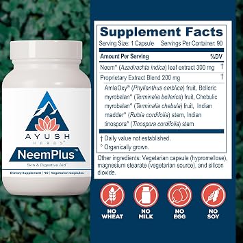Ayush Herbs Neem Plus, Digestive Health for Women & Men, 90 Servings | Gut Support Supplement for Stomach & Skin Health, Immune Support
