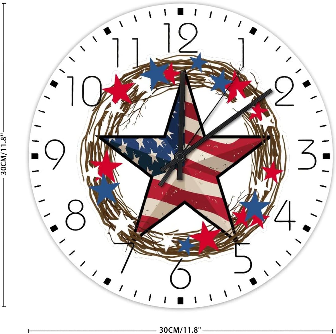 Wood Wall Clocks Non-Ticking Sweep Movement 4th of July American Star Round Modern Wall Clocks Memorial Day Wooden Wall Decor for Restaurant Classroom Above Fireplace 12 Inch