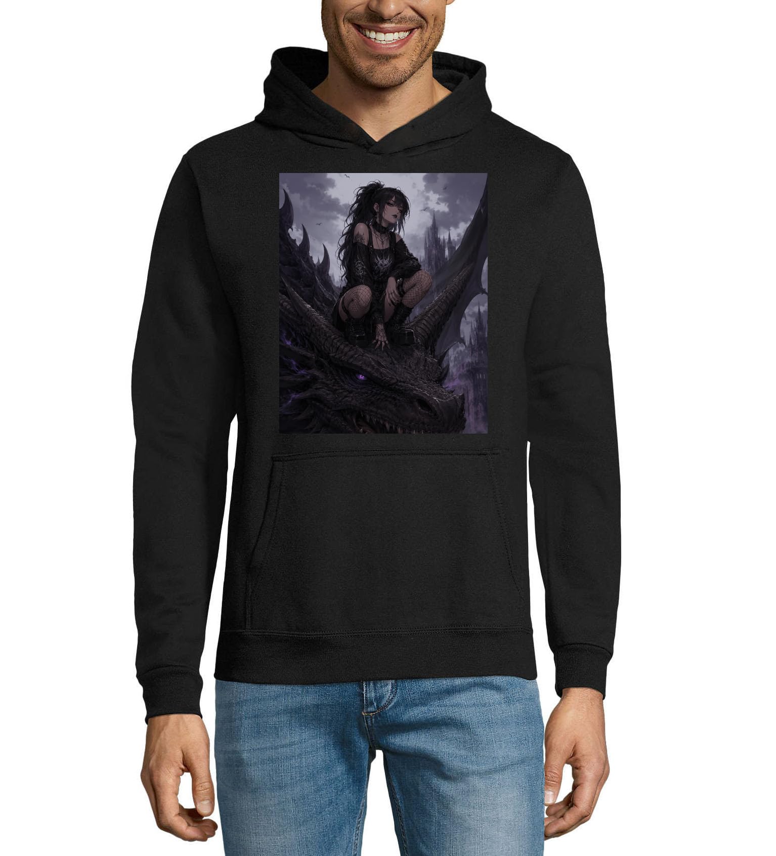Ciemna gotycka dziewczyna jadąca zaciekły smok unisex mieszanka bawełny bluza z kapturem bluza z kapturem czarna
