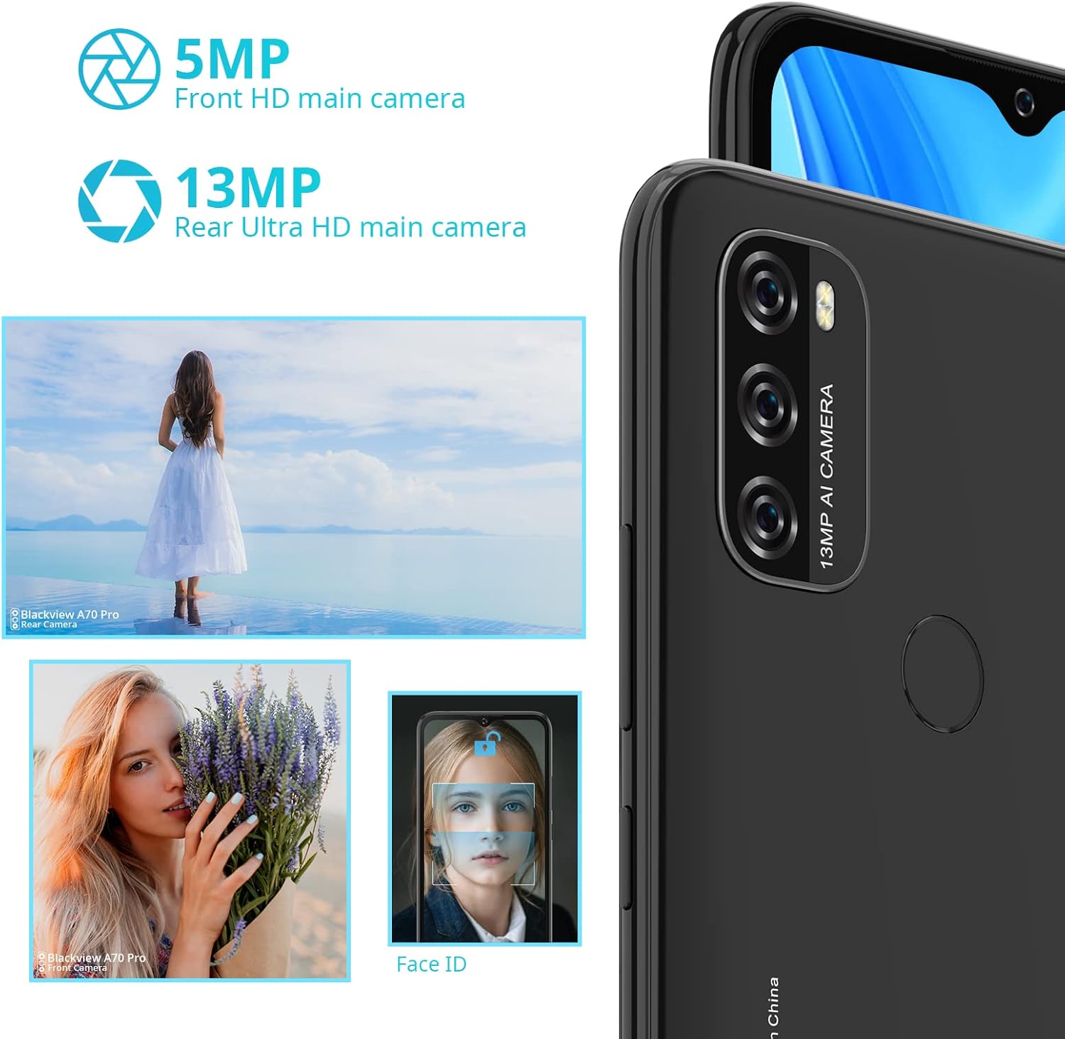 నలుపుview A70 Pro camera features, showing 5MP front and 13MP rear cameras with sample photos and Face ID