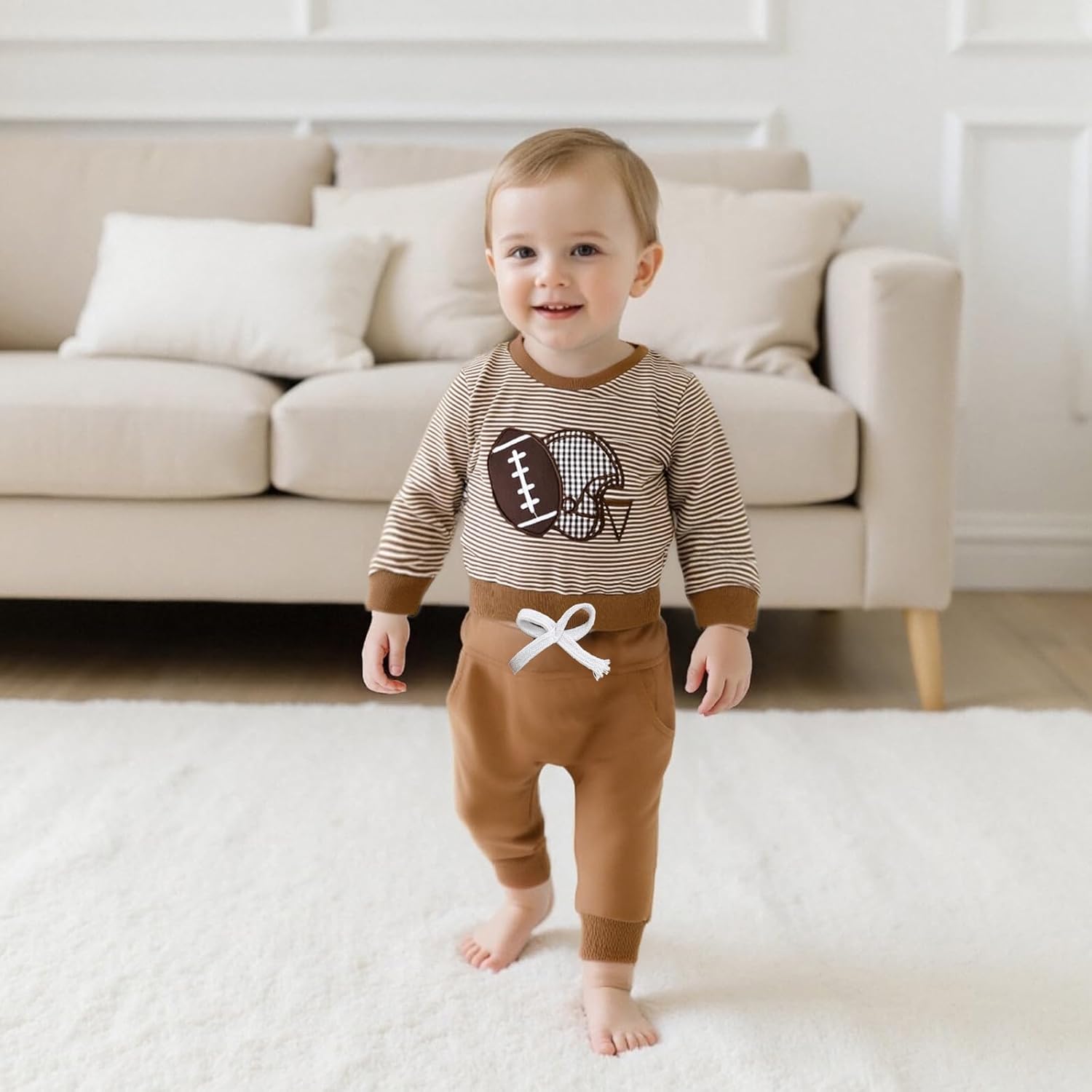 Toddler Baby Boy Football Outfit Football Embroidery Stripe Long Sleeve Sweatshirt Pants Set Fall Winter Clothes Khaki 6-12 Months image 2 of 7 B0F82Y96QX