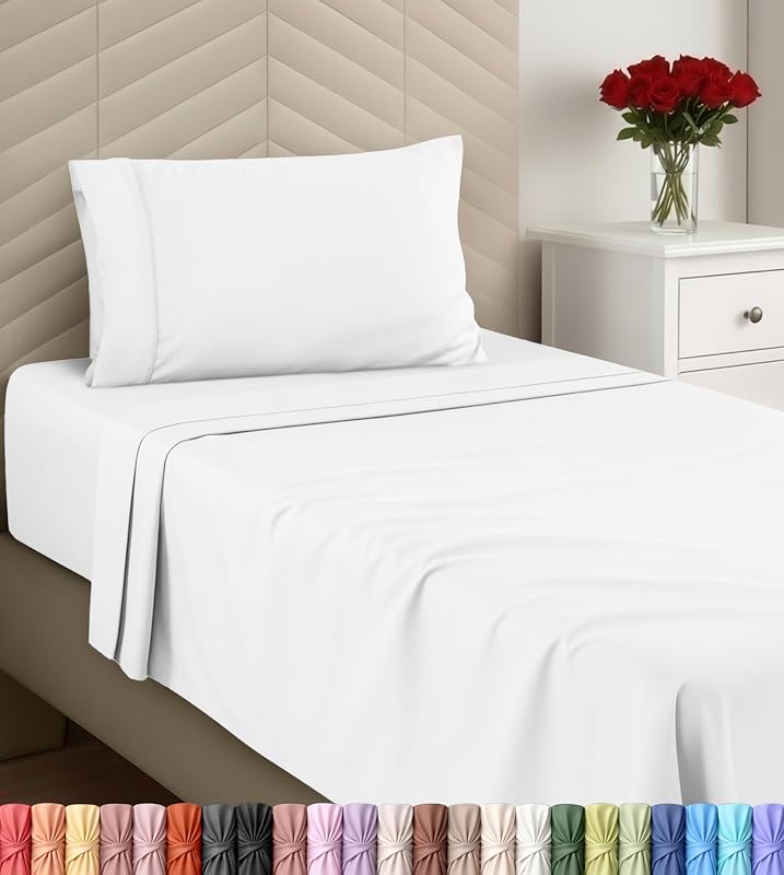 Premium T1500 Twin Sheet Set with LinenWrap 3 Piece Soft Sheets - White | Comfortable & Breathable Hotel Sheet-OEKO-TEX Certified-Secure Snug Fit Include 1 Fitted Sheet - 1 Flat Sheet & 1 Pillowcase