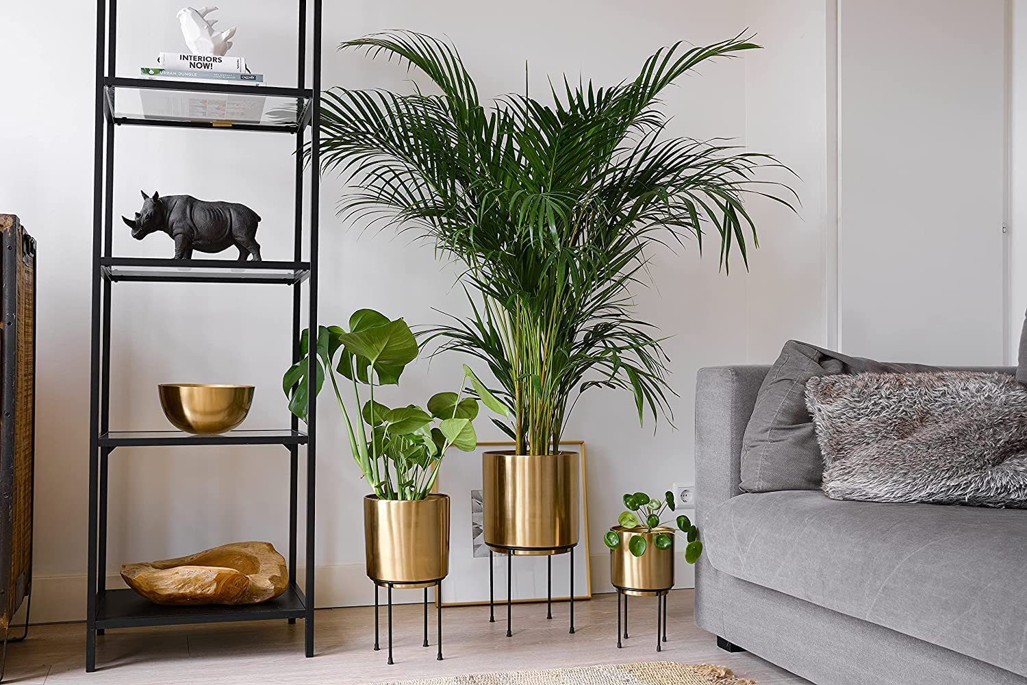 INSHREYS Set of 3 Mid Century Golden Large Planters with Black Metal Stand for Snake, Palm, Spider, Monstera Plant Modern Decorative Purpose for Living Room, Balcony, Entrance, Office Reception 2