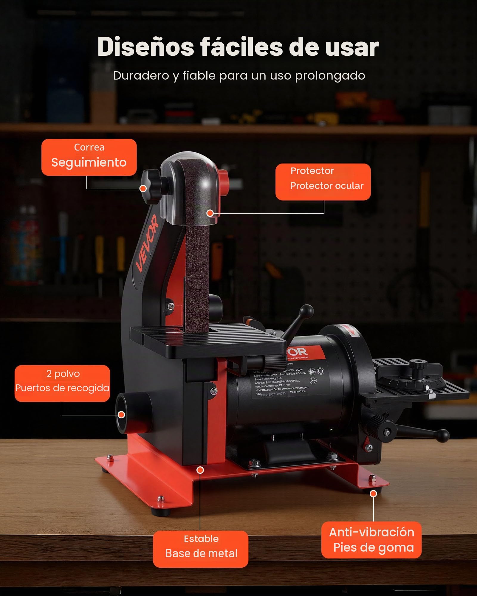 VEVOR Lijadora de banda y disco de 250 W, con disco 127 mm y banda 25,4 x 762 mm, mesa de trabajo ajustable de 0 a 45° y puerto de extracción de polvo para carpintería y afilado de cuchillos
