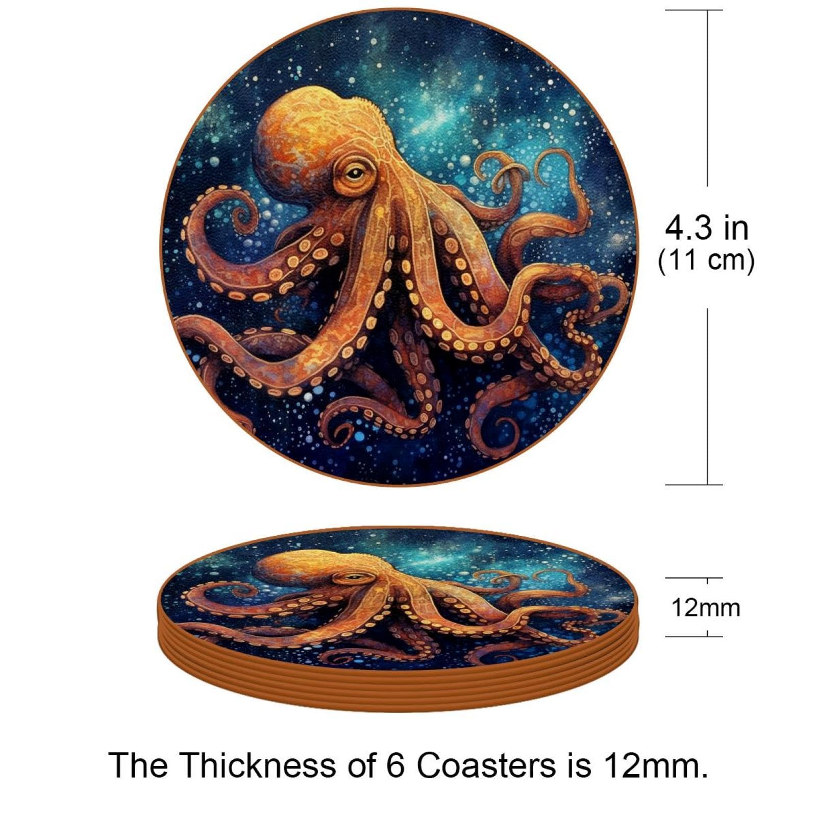 Cartoon-Galaxie-Oktopus-Untersetzer für Getränke, 6 Stück, Tisch-Schutzmatte für Weingläser, Tassen und Tassen, wiederverwendbar im Büro, Küche, Bar, 10,9 cm