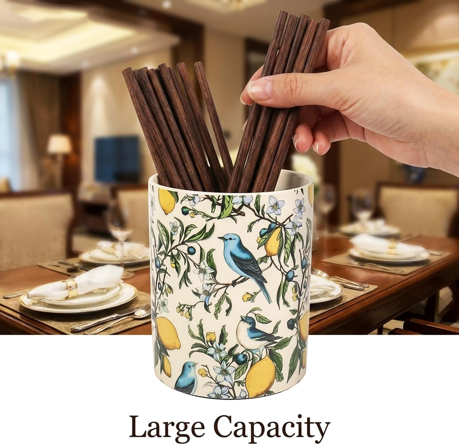 JarThenaAMCS Lemon Hummingbird Ceramic Utensil Holder 6.3 Inch Summer Kitchen Crock Vintage Yellow Lemon Blue Bird Countertop Storage Organizer for Farmhouse Home Container Cooking Gift