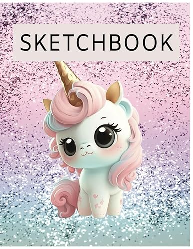 Sketchbook Cute Unicorn On Pink Glitter Effect Background, Large Blank Sketchbook For Girls