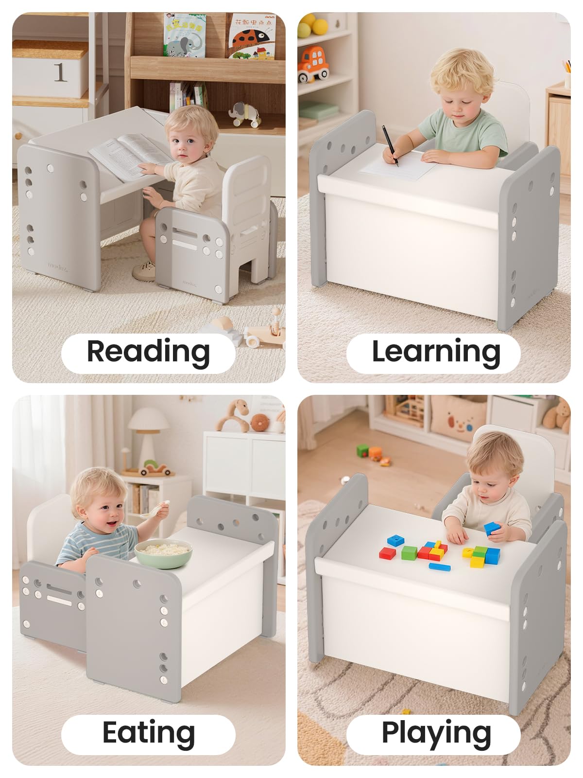 Tavolo per Bambini con Sedia, Set Tavolo e Sedia per Bambini Regolabile in Altezza, Scrivania Trasformabile, Multifunzione per Leggere, Scrivere, Disegnare e Mangiare, Grigio
