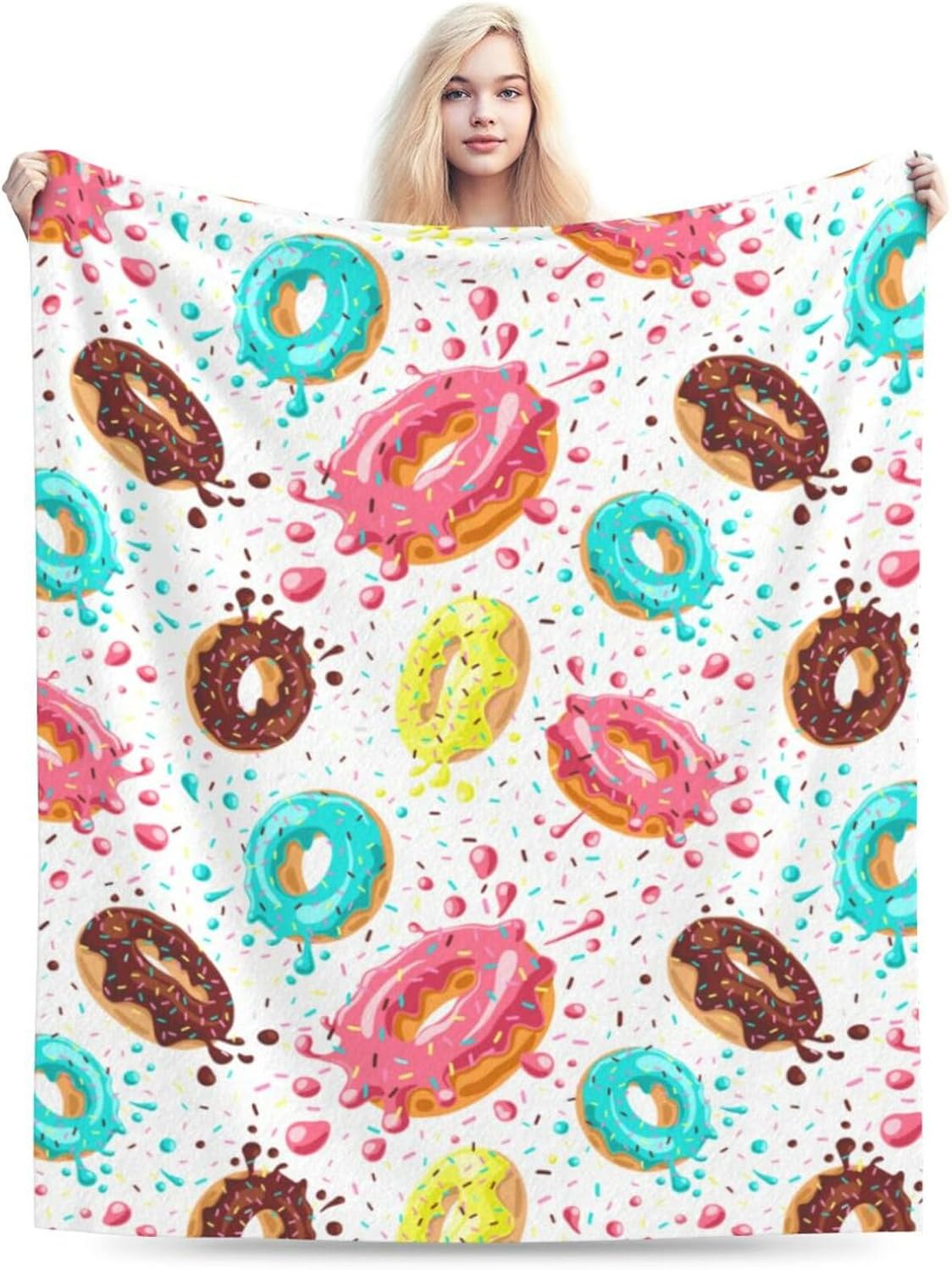 HGOD DESIGNS Donuts Fleece Throw Blanket - Pink, Blue Mint Glaze, Fuzzy Plush for Women - Bed, Couch, Office (50"x60")