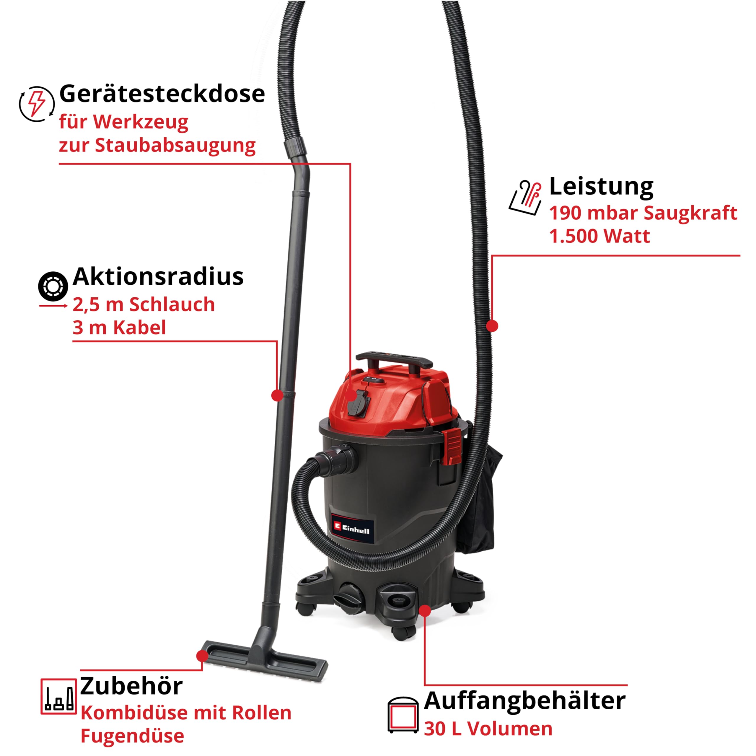 Einhell Nass-Trockensauger TC-VC 1930 A (1.500 Watt, 190 mbar Saugleistung, Automatiksteckdose, 30 L Auffangbehälter, Tragegriff, inkl. Düsen, Filter und Schmutzfangsack)