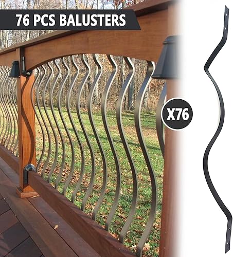 Miniatura 9 de Paquete de 104 balaustres de silueta de metal negro de 32.28 x 1 pulgadas, husillos de metal de forma curvada, barandillas de madera y compuestos