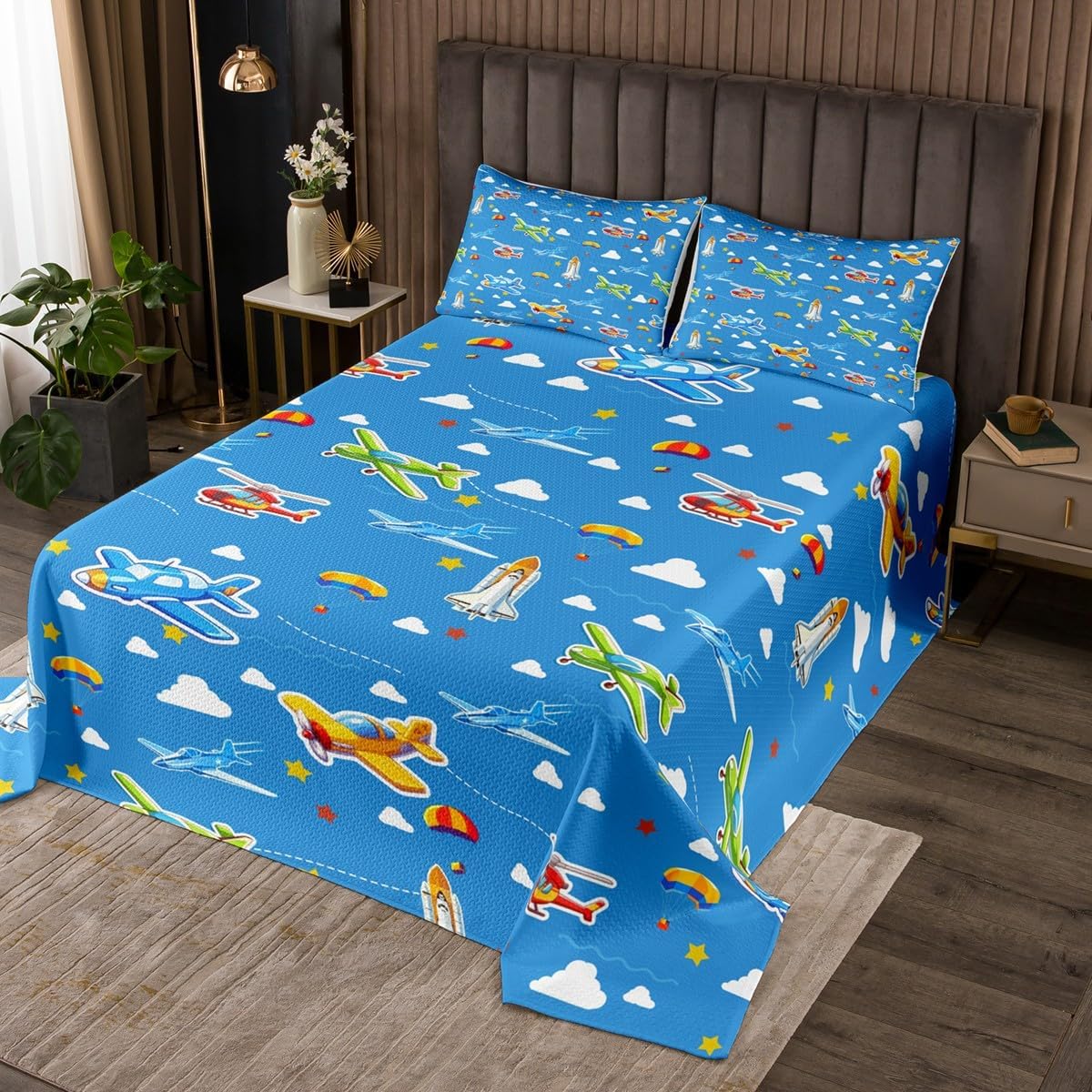 Homewish Airplane Military Theme Bedspread Twin Size,Flying Style Bedding Set for Kids Boys Girls Room Decor,Aircraft Star American Flag Plaid Coverlet Set 2Pcs,Pilot Theme Quilt,1 Pillowcase