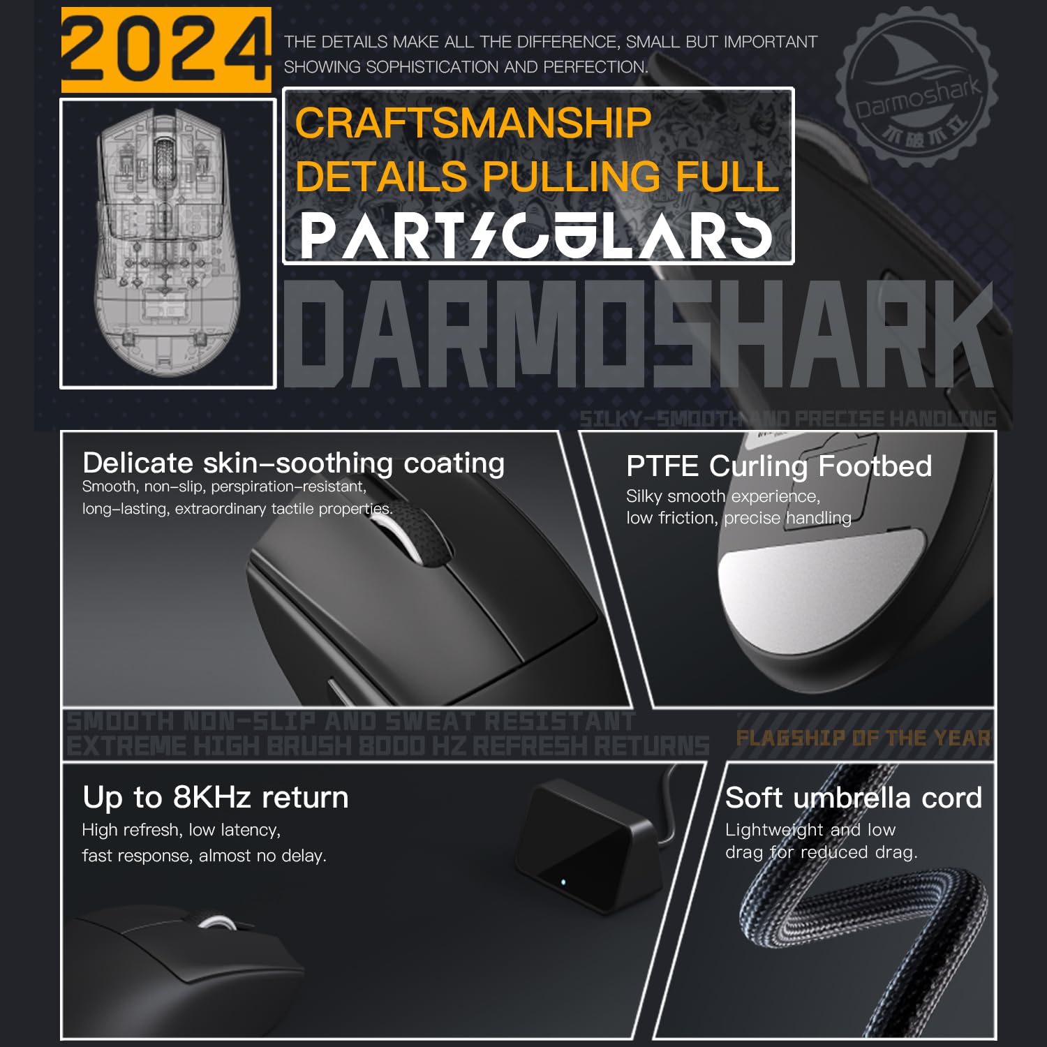 Darmoshark Ratón inalámbrico N5 1K para juegos, trimodo 2.4G/USB-C/Bluetooth de hasta 26000 DPI, sensor óptico PAW3395, ratones para juegos de PC con 7 botones programables, apto para Windows y Mac,