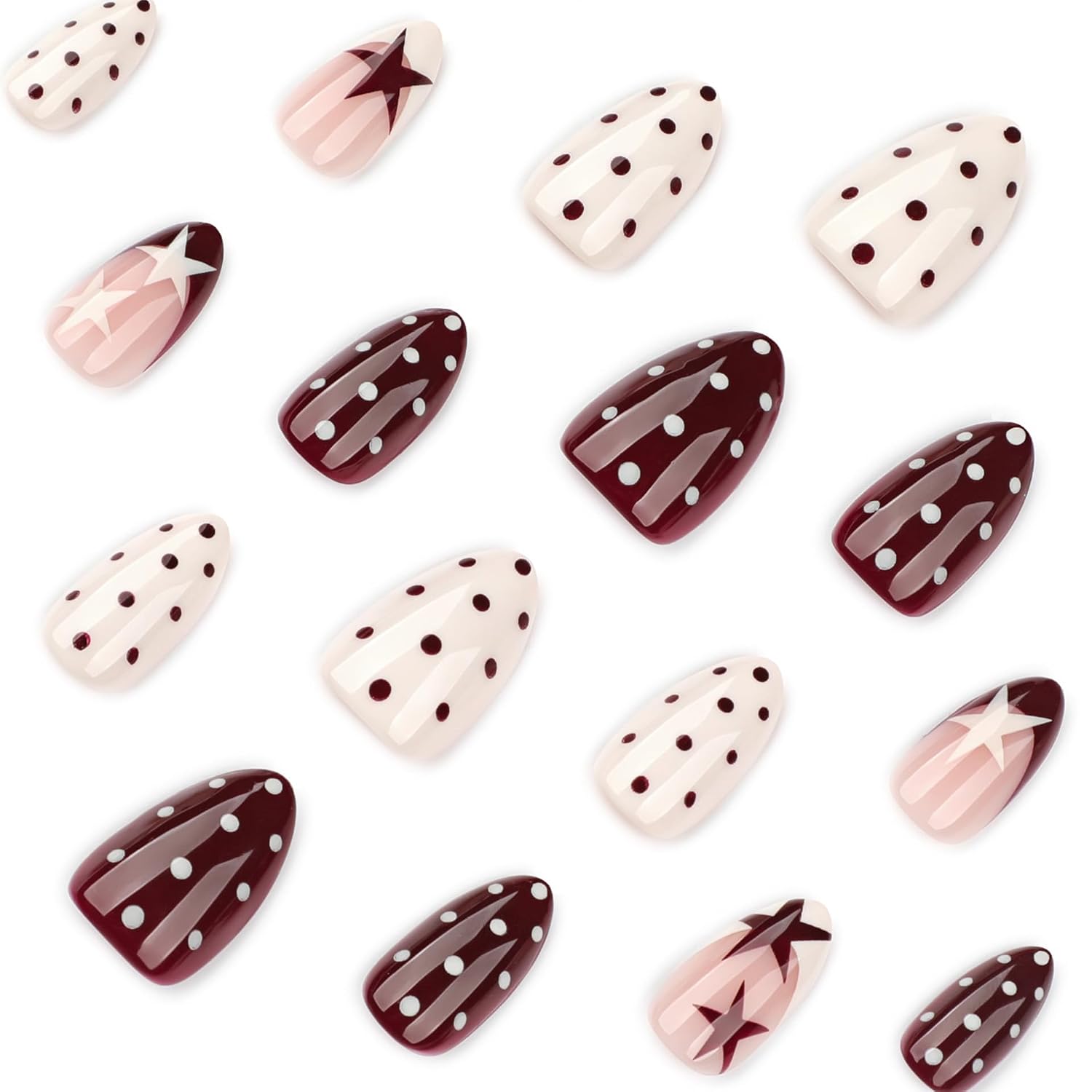 Short Almond Press on Nails - Cute Red White Polka Dot Fake Nails with Star Dots Designs, Y2k Reusable Stick on False Nails with Glue Tabs for Women 24PCS