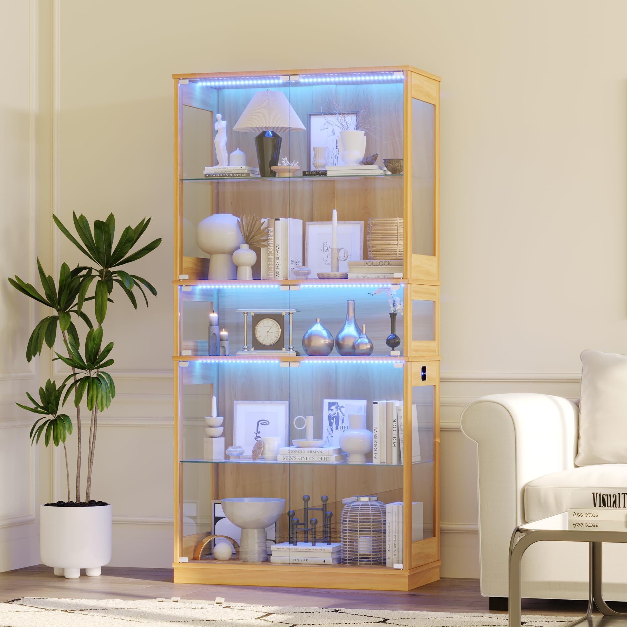 ZKIODV Glasvitrine mit LED Beleuchtung, 5-Lagen Vitrinenschrank Glas Stehend, Holz Vitrine mit Intelligente Sensorik, Sammlervitrine Staubdicht für Wohnzimmer Schlafzimmer Büro - 165x80 cm (Eiche)