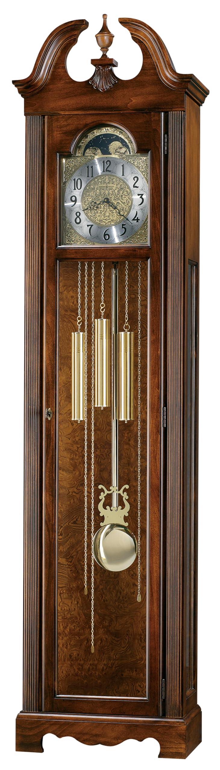 Howard Miller Princeton Grandfather Clock, Swan Neck Pediment Illuminated Wooden Frame & Wood Finish, Analog Dial with Brass-Finished & Arabic Numerals Perfect Floor Clock for Home & Living Room