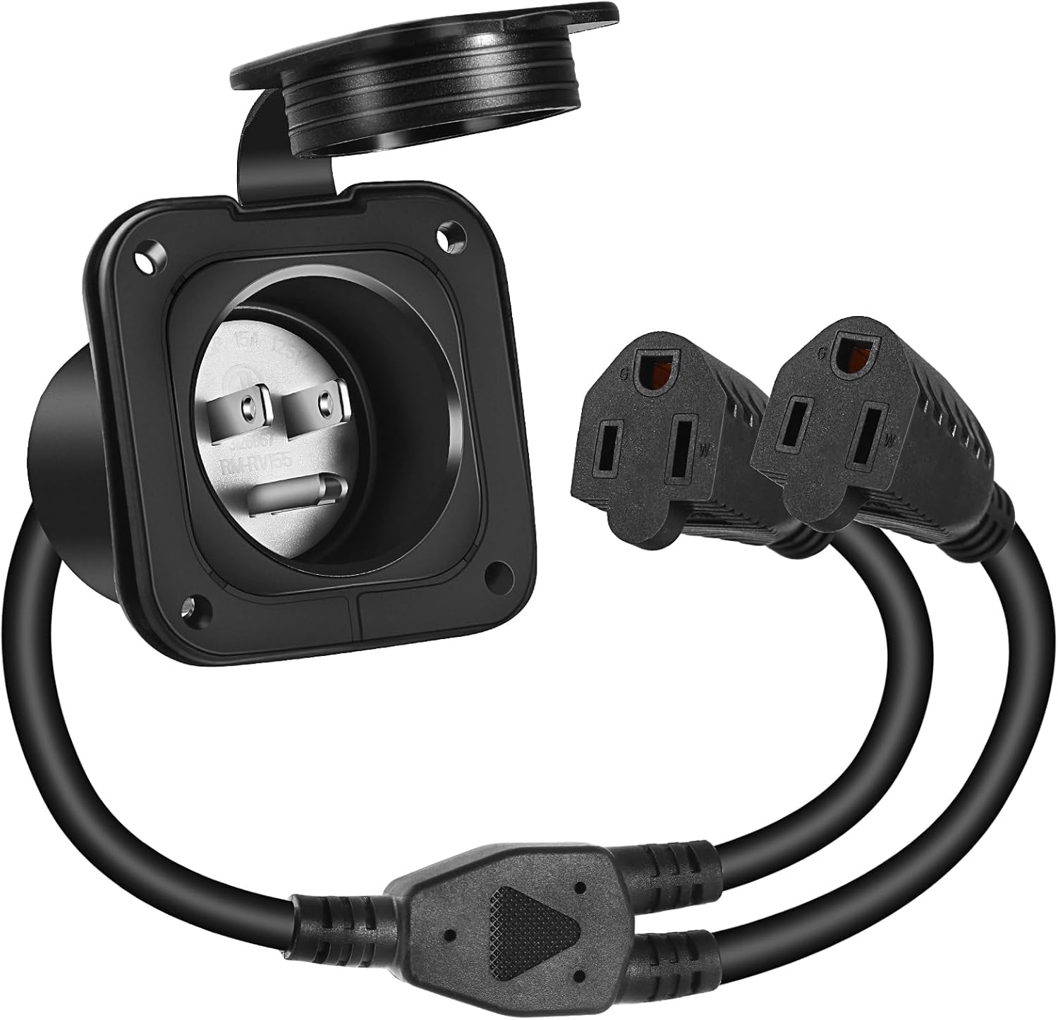 15 Amp 125 Volt AC Power Inlet, with Dual-Plug 18-Inch Extension Cord, 2 Pole 3 Wire NEMA 5-15 Flanged Inlet Plug with Waterproof Covers and Y Splitter Cable