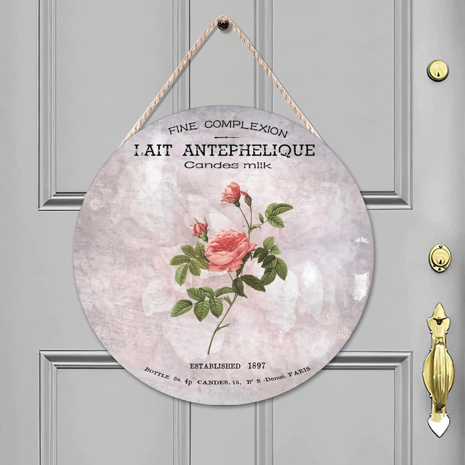 French Vintage Flower Wood Door Sign, Rustic Round Door Hanger Sign, 16x16in Flower Wall Door Hanging Sign for Outdoor Front Porch Farmhouse Front Door Decor Housewarming Gifts