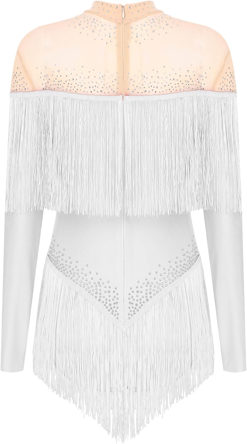 Linjinx Women's Dance Leotard Long Sleeve Mesh Patchwork Rhinestones Tassel Latin Tango Jazz Dancewear Costume
