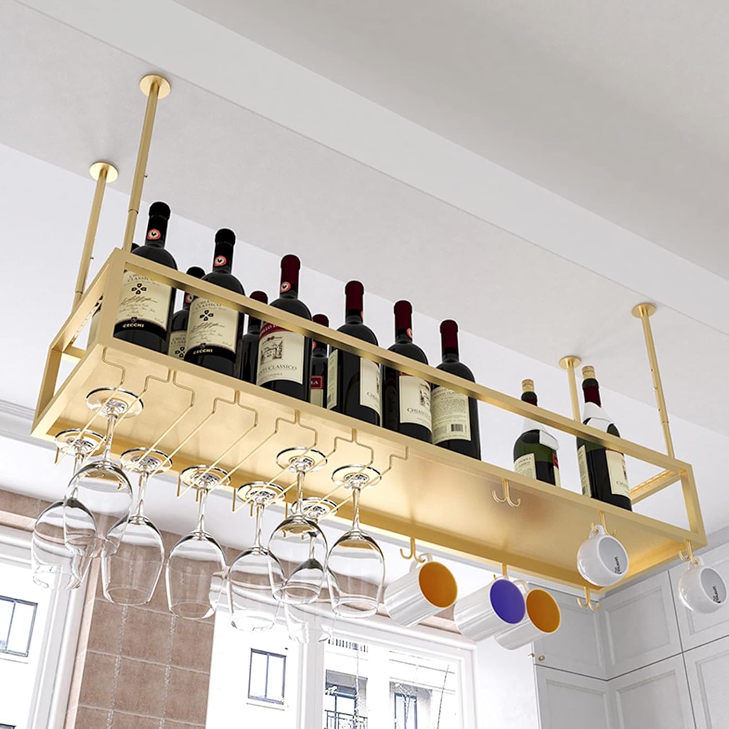 Adjustable Ceiling Wine Bottle Holder Hanging Wine Rack for Kitchen & Bars Space Saving Storage Solution for Restaurants Stylish Wine Display Shelf