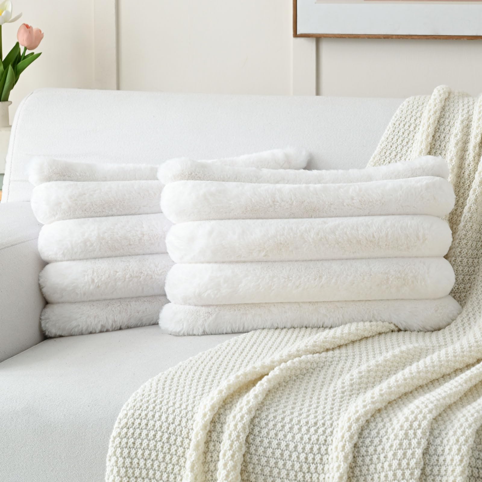 FUTEI Set of 2 Fluffy Faux Rabbit Fur Cushion Covers 30x50 cm,Cream White