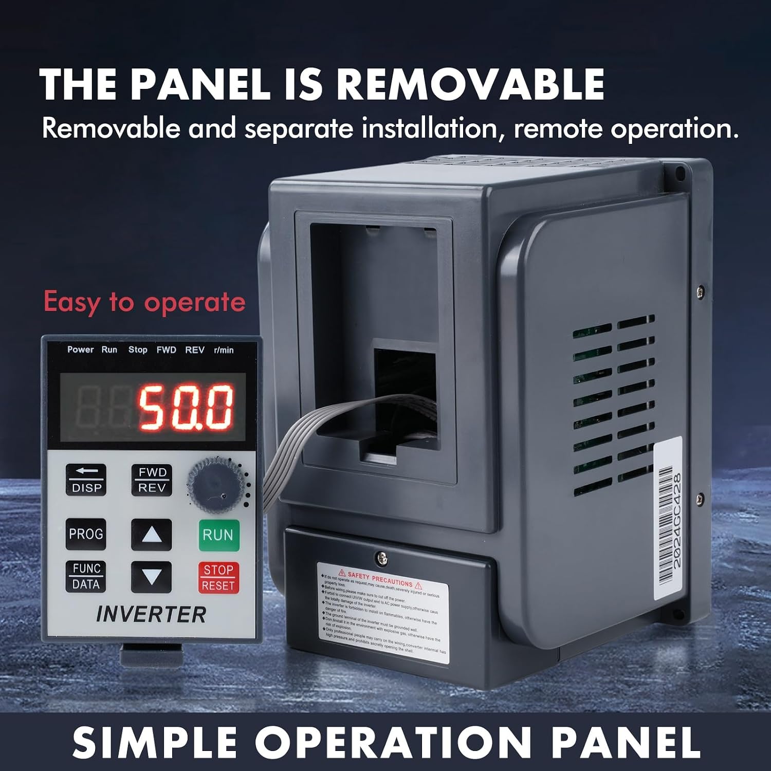 DEWIN VFD Inverter with its removable control panel detached, showing the connection cable.