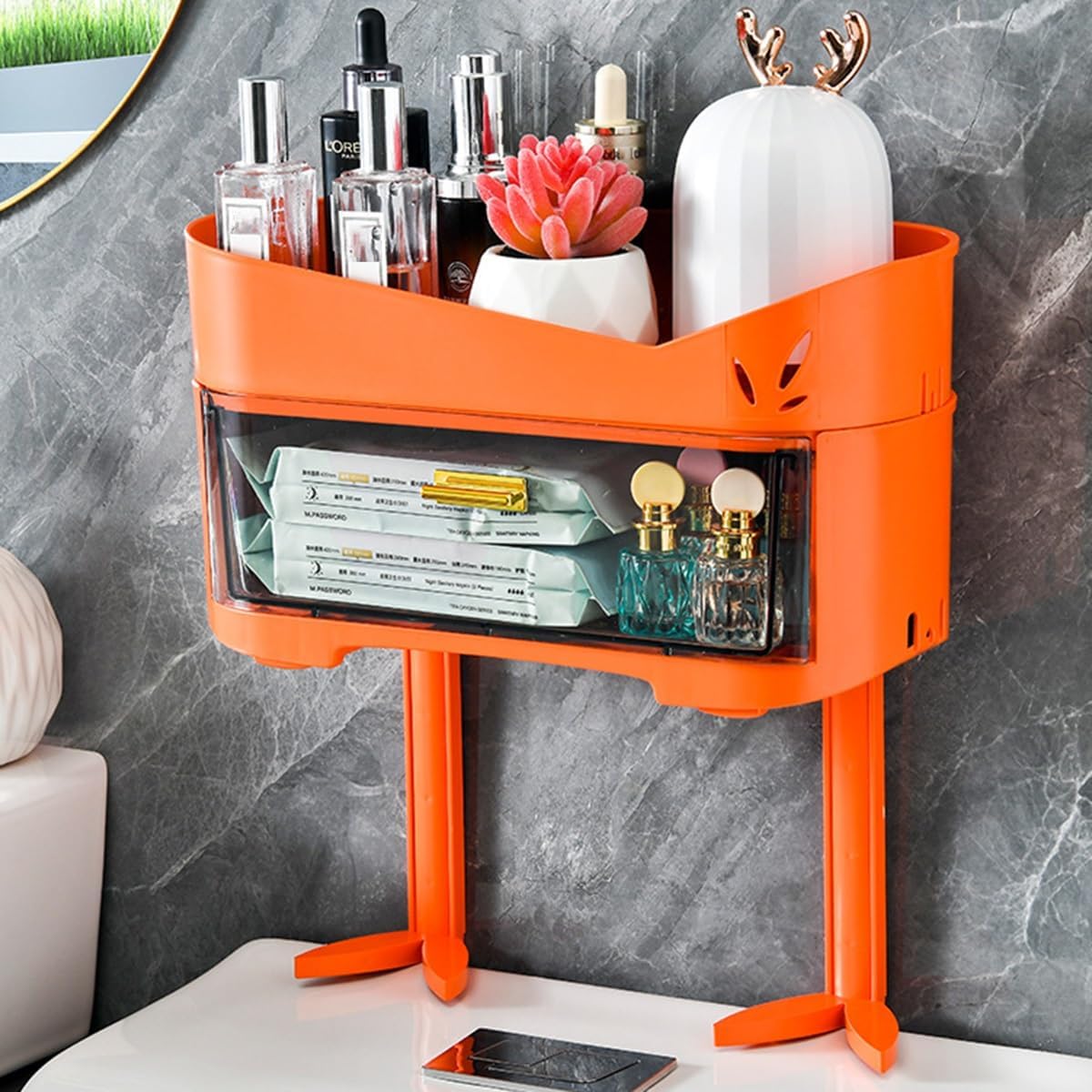 Over The Toilet Storage Shelf 2 Tier, Bathroom Organizer Shelves with Drawer, Above Toilet Storage Wall Mounted Multifunctional Bathroom Storage Rack, No Drilling Space Saver (Color : /Blue) (/Orang