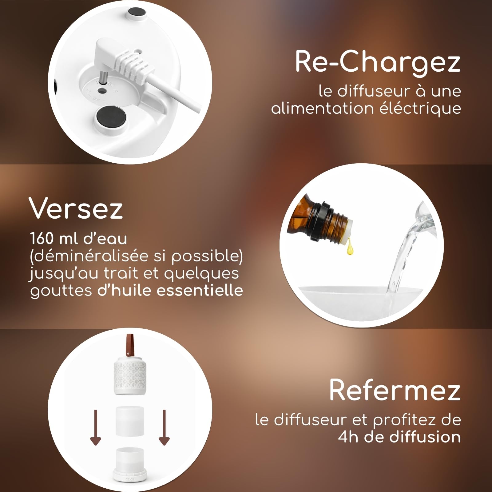Zen’Arôme Diffuseur Ultrasonique sans Fil Madrid, Batterie Rechargeable Intégrée Autonomie 10h, Diffuseur Huile Essentielle Nomade, Diffusion Continue ou par Alternance, Éclairage LED Personnalisable