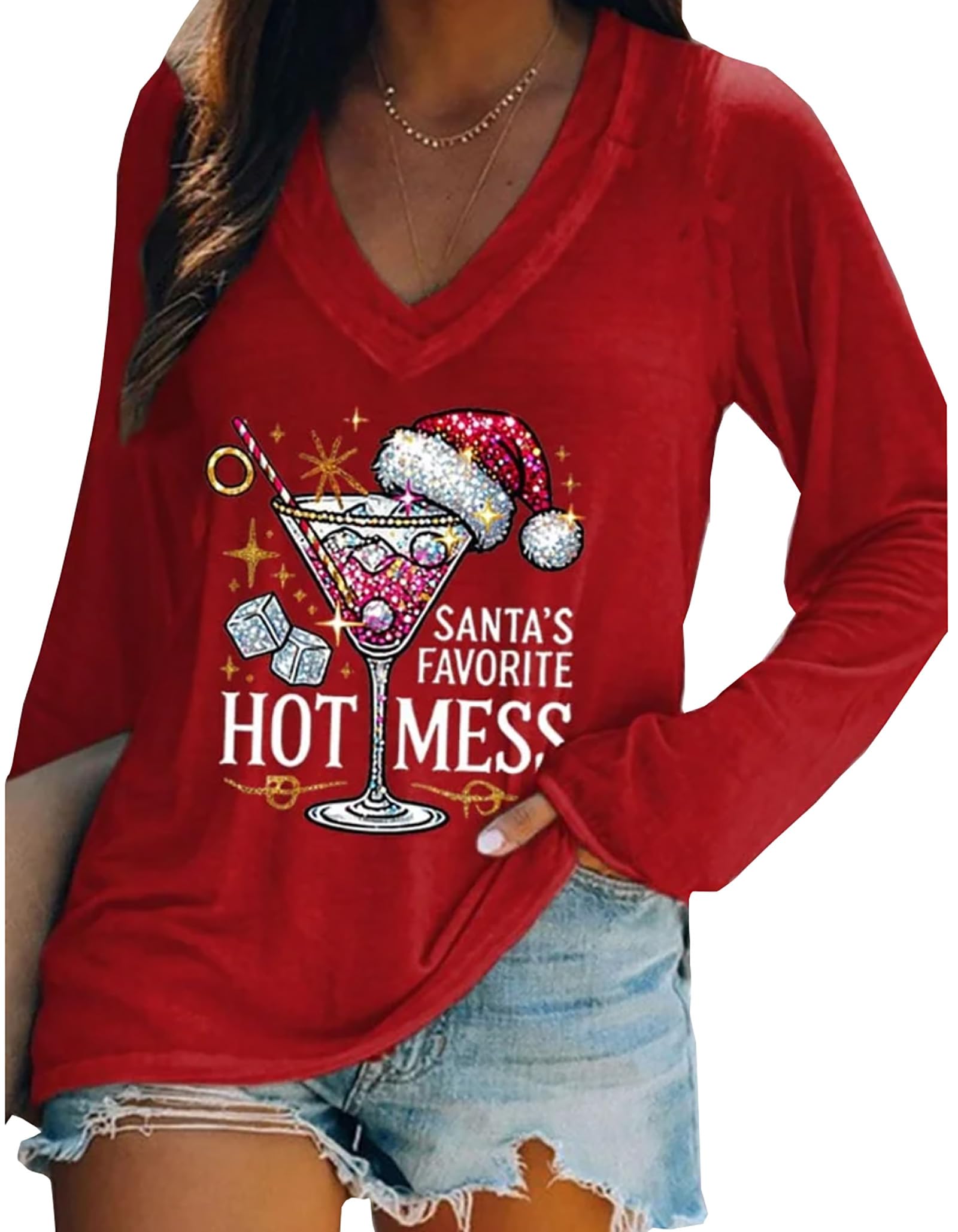 BOMYTAO Women's Santa's Favorite Hot Mess Print Shirt Funny Margarita Graphic Tee Merry Christmas Long Sleeve T-Shirt Top