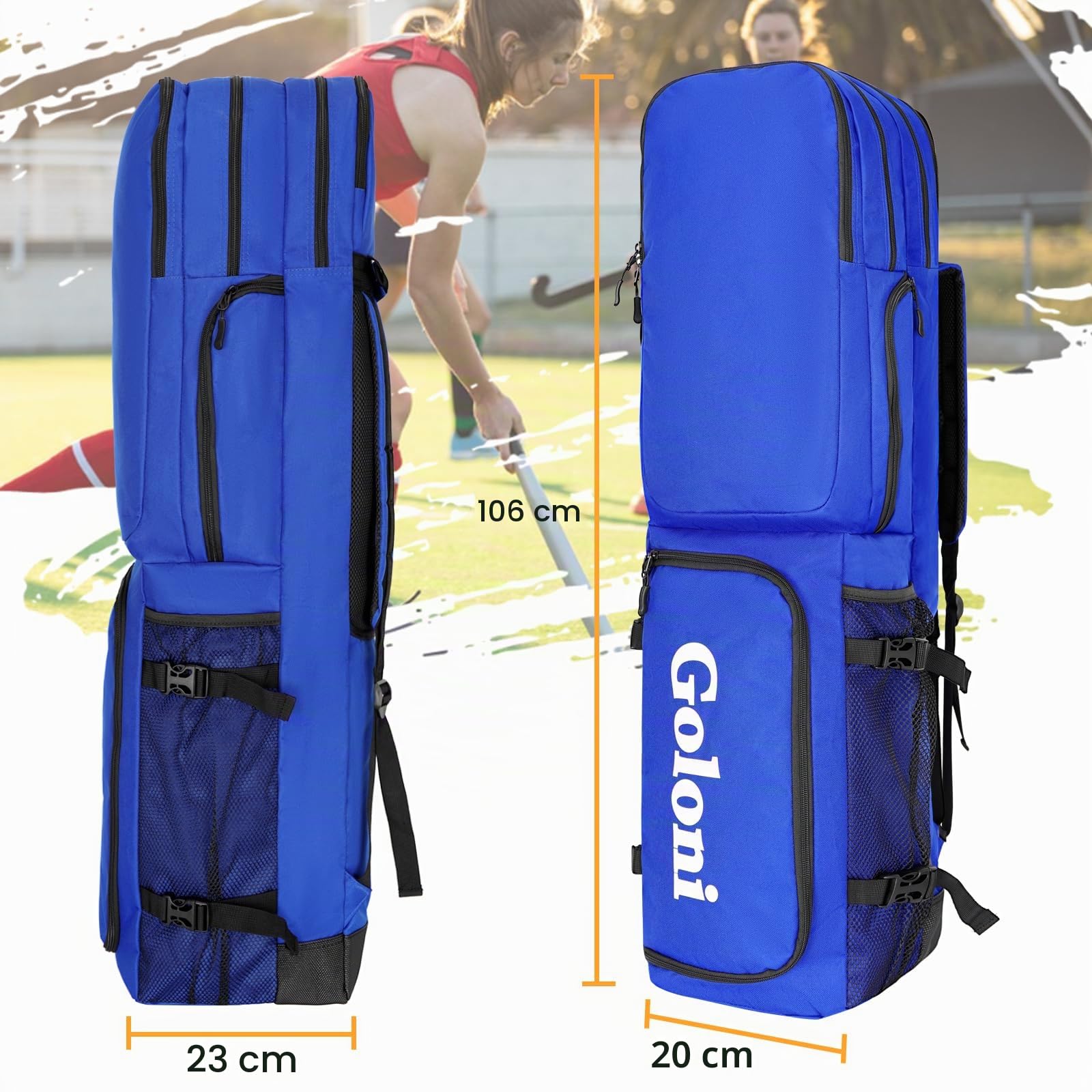 Goloni Feldhockey-Tasche mit 4 Schlägern und Schultergurten, Feldhockeyschläger-Rucksack mit Schuhfach