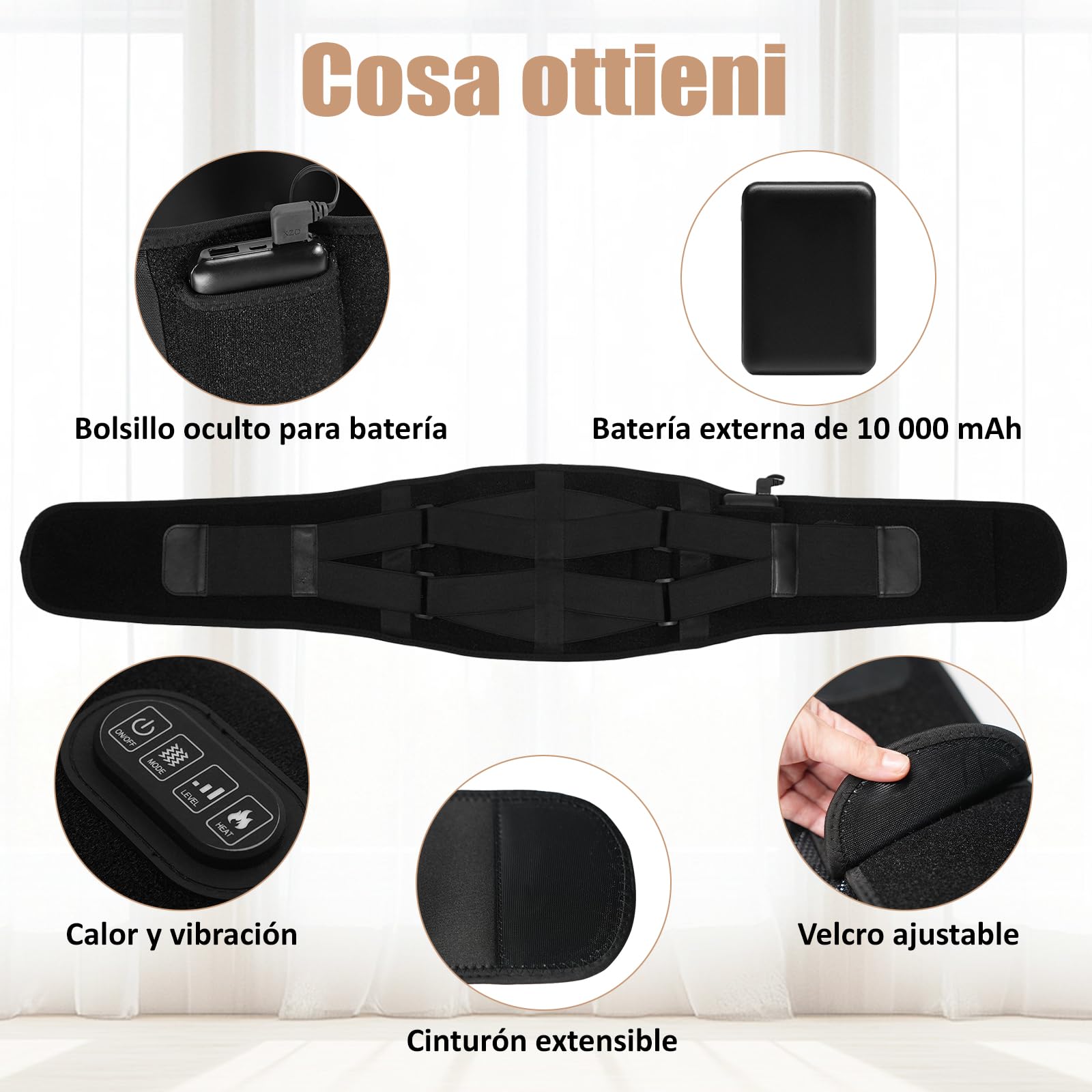 Ceinture chauffante de massage contre les maux de dos avec batterie de 10 000 mAh, sangle de 150 cm, sangle réglable, ceinture chauffante électrique avec 3 modes, 3 intensités, avec minuterie